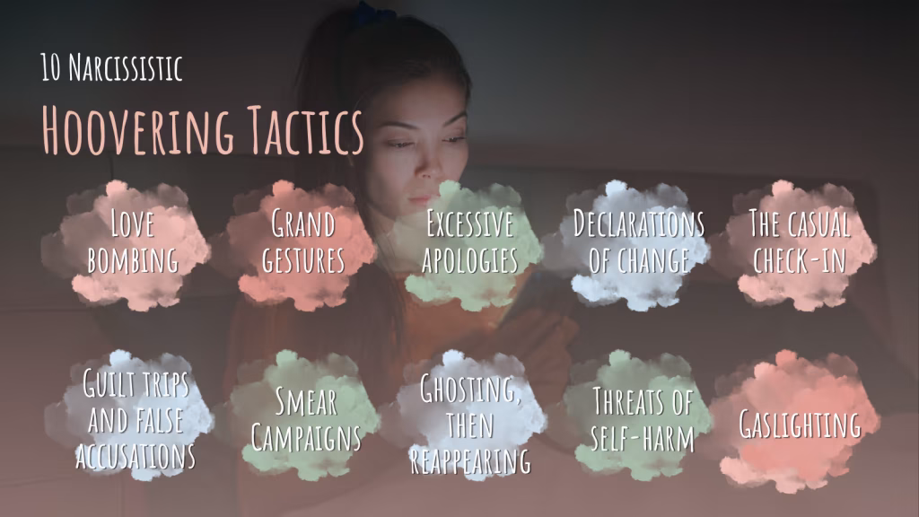 10 narcissistic hoovering tactics graphic: woman in the background checking her phone late at night after a message from her ex