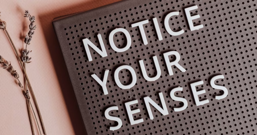 Notice your senses written on a notice board (this helps to spot triggers before they get overwhelming).