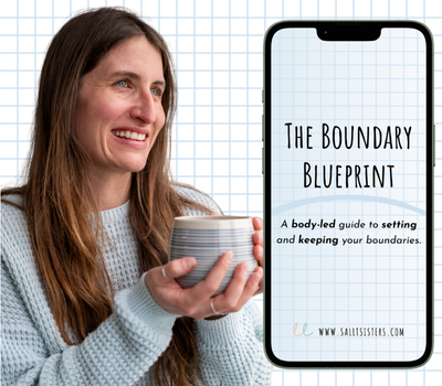Somatic coach holding a mug and iPhone mock up displaying The Boundary Blueprint Cover